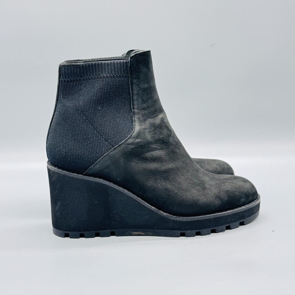 Eileen Fisher Boots Womens 5 Black Leather Ankle Wedge Lug Sole Booties